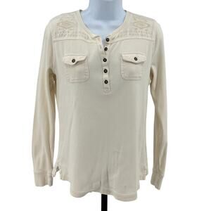 LRL Lauren Jeans Co Shirt Womens M Cream Henley Knitted Long Sleeve Embroidered